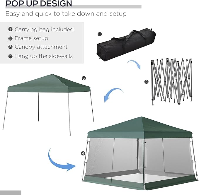 10x10 Easy Assembly Pop Up Tent Featuring Breathable Mesh Sidewalls Adjustable Height and Compact Carry Bag with Handle