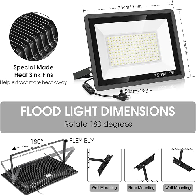 YANYCN 3 Pack 150W LED Flood Light OutdoorSuper Bright Exterior Security Light with PlugIP66 Waterproof Flood Light 15500LM 5000K Daylight White Floodlight for Yard GardenBasketball Court Arena