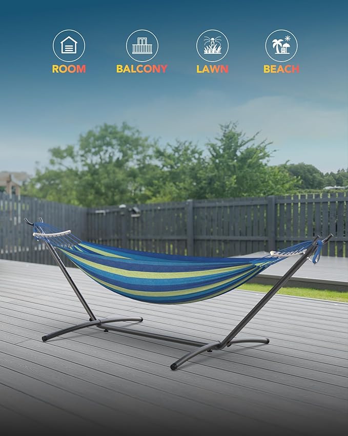 Everyfun Double Hammock with Space-Saving Steel Stand 2 Person Heavy-Duty Hammock for Garden Yard or Outdoor 600lbs Capacity Wide Blue