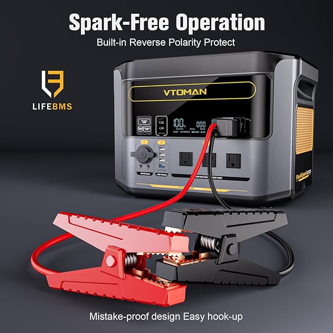VTOMAN FlashSpeed 1000 Portable Power Station with Jumper Cables 828Wh LiFePO4 Solar Generator &amp Car Jump Starter 1H Fast Charging 2000W Peak for Home Backup Camping Roadside Emergencies