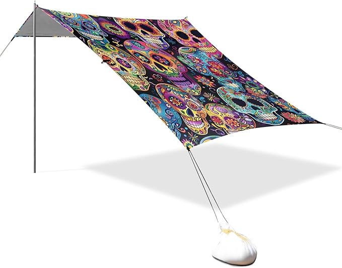 ALAZA Sugar Skulls Day of Dead Beach Tent Sun Shelter UPF50+ Protection Beach Shade Canopy w/ 4 Sandbags for Outdoor Camping Fishing Backyard Fun Picnic 10x9 ft