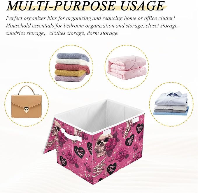 Valentine Skull Roses Pink Storage Box with Lid 1 PC Foldable Storage Bin with Lids Stackable Storage Bins Cube Closet Organizer Basket with Flip-Top Lid &amp Handles for Shoes Books Towels