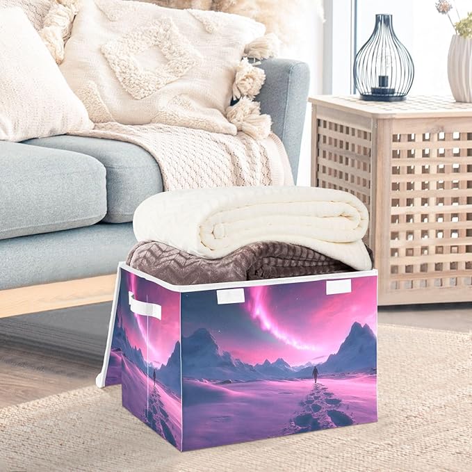 Storage Cube with Lid Polar Aurora Landscape Print 16.5×12.6×11.8 IN Collapsible Large Capacity Foldable Storage Basket Bin Organizer
