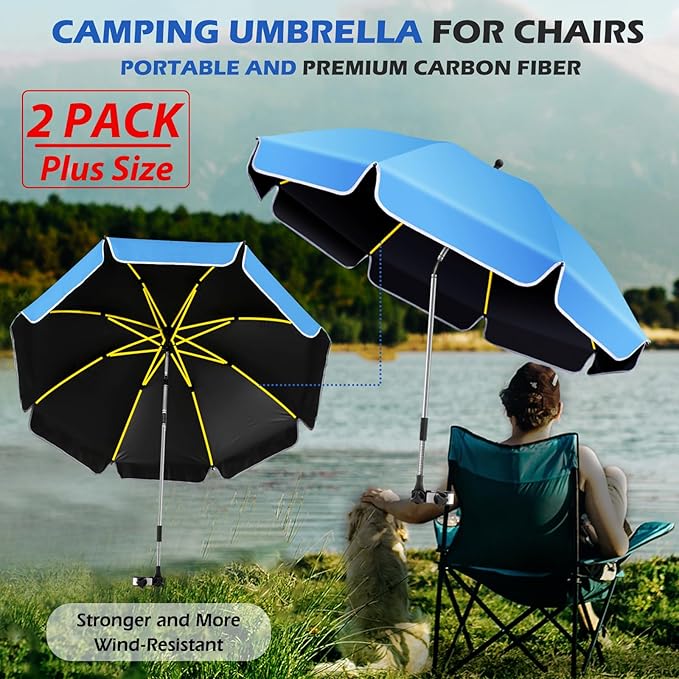 Umbrella 360°Adjustable Protection Stroller 2 PACK 48.8 beach chair umbrella with clamp high UV protection. 3 Adjustable areas 180°+360° for fishing golf beach camping (chair not included)