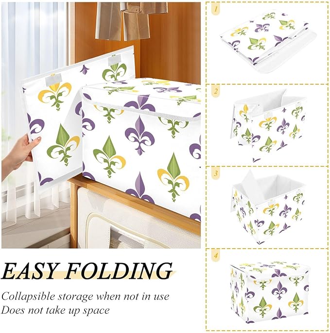 Mardi Gras Storage Baskets with Lids Collapsible Bins Stackable Fabric Large Linen Baskets Closet Organizer Container 16.5x12.6x11.8