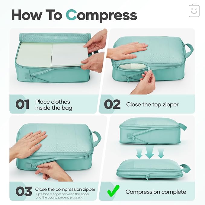 Veken 9/11 Set Compression Packing Cubes for Travel EssentialsCompressible Expandable Large Luggage Suitcase Organizer Bags for ClothingDurable Space Saver Storage Bags(Blue Green)