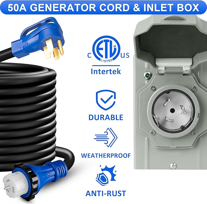 50 Amp Generator Cord and Inlet Box Combo Kit 50FT NEMA 14-50P to SS2-50R Cord Pre-Drilled Inlet Box Waterproof UL &amp ETL Listed