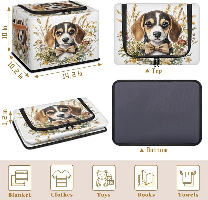 Beagle Dog Storage Box with Lid Golden wheat ears Collapsible Storage Bins Baskets Cubes Closet Shelf Clothes Organizer Containers with PU Leather Handles