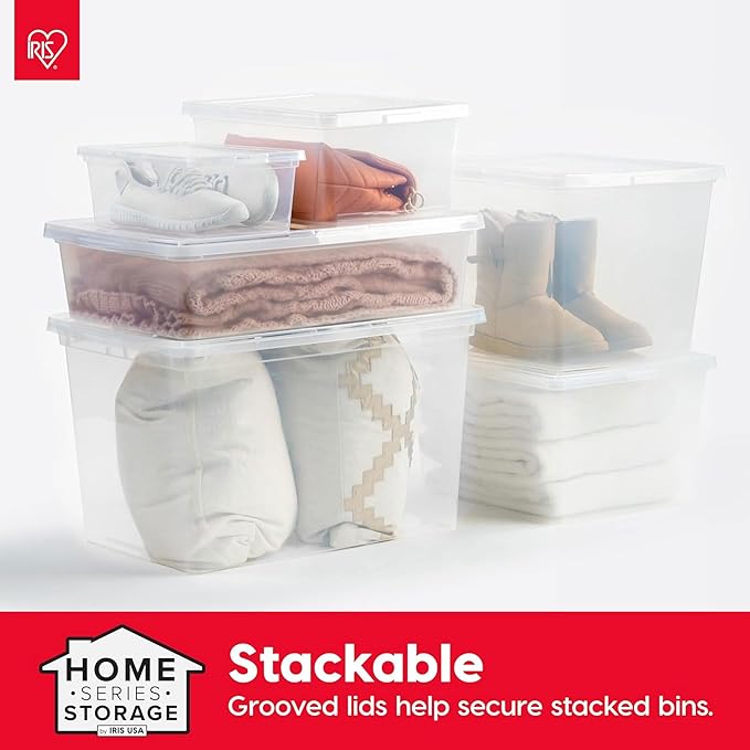 IRIS USA 12-Pack Storage Bins with Lids 68 Quart Clear Stackable Containers Box Organize Shoes Closet Shelves Clothes Blankets Towels - BPA-Free Plastic