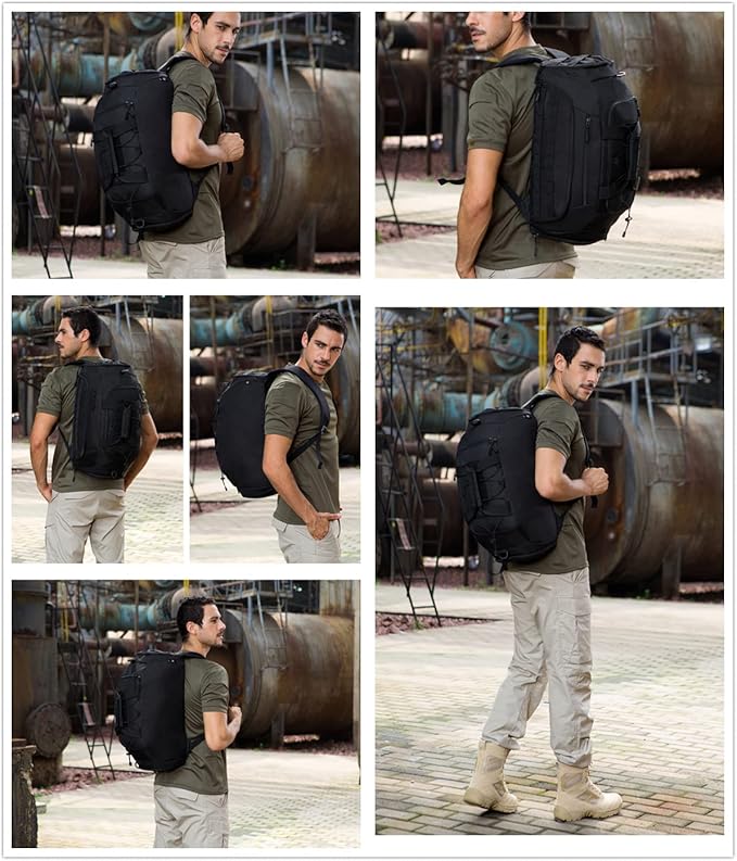 UNISTRENGH 3-Ways Tactical Military Nylon Men Holdall Weekend Travel Duffel Bag Backpack Messenger Shoulder Bags Rucksack Handbag (Black)