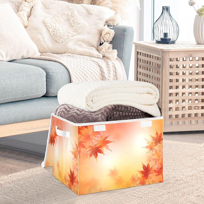 senya Thanksgiving Baskets Collapsible Storage Bins with Lids Thanksgiving Autumn Leaves Golden Maple Leaves Storage Boxes Clothes Baskets for Organizing