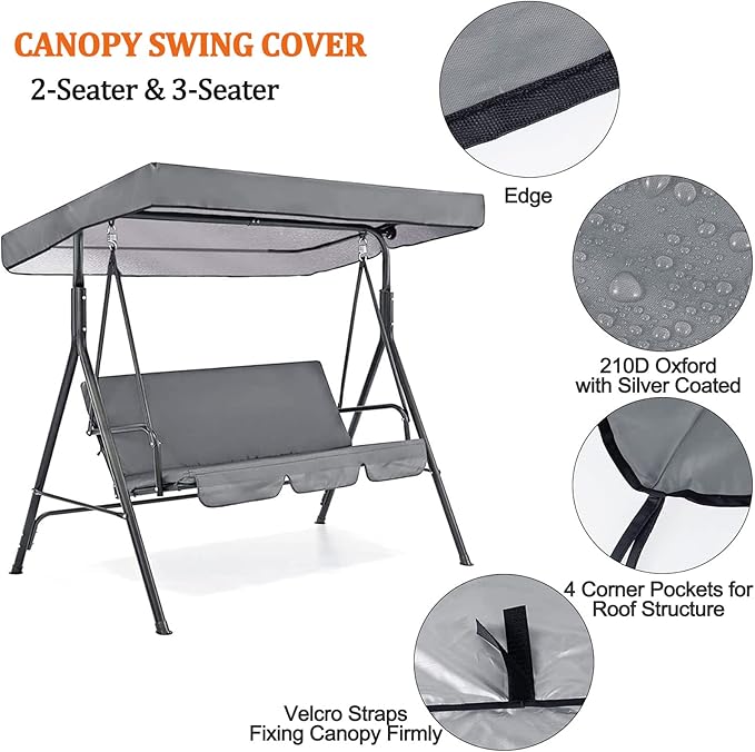 Outdoor Swing Canopy Replacement Cover Waterproof Oxford Cloth Swing Chair Cover Set for 2/3 Seater Swing Ideal for Porch Patio Garden Beige 195x125x15cm