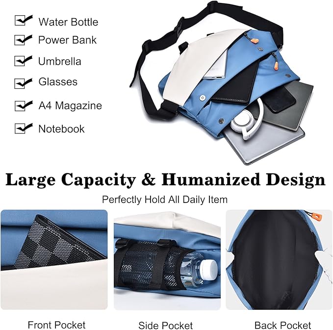 FANDARE Casual Sling Crossbody Shoulder Bag Backpack for Men Personal Flex Bags with Tripod Holder Strap Lightweight Chest Pack Everyday Carry Pack for Tactical Travel Work Black Blue White