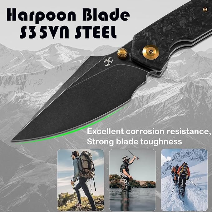 KANSEPT Fenrir Pocket Knife 3.48 Blackwash CPM S35VN Harpoon Blade Titanium Handle Shred Carbon Fiber Inlay Thumb Stud &amp Liner Lock with Deep Clip EDC Knives for Camping Hunting Survival K1034