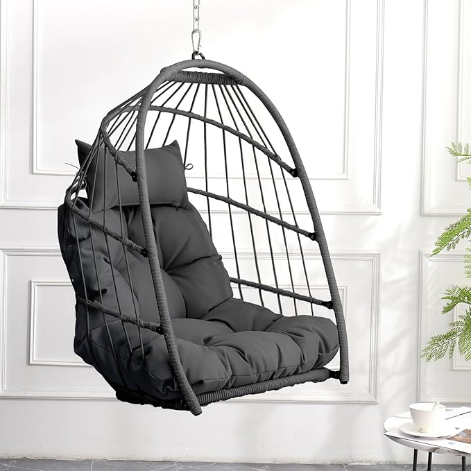 Outdoor Garden Rattan Egg Swing Chair Hanging Chair PE Hanging Chair GrayGray+Gray