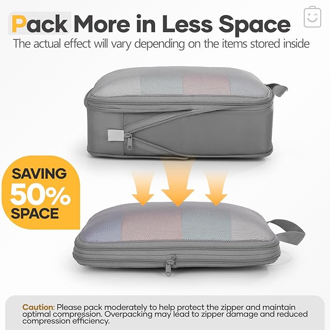 Veken 9/11 Set Compression Packing Cubes for Travel EssentialsCompressible Expandable Large Luggage Suitcase Organizer Bags for ClothingDurable Space Saver Storage Bags with Toiletry Bags(Gray)
