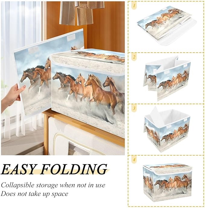 Running Horses Storage Bins with Lids Large Collapsible Storage Basket with Handles Cute Horse Foldable Fabric Storage Box Organizer for Clothes Closet Cabinet Home Office Bedroom
