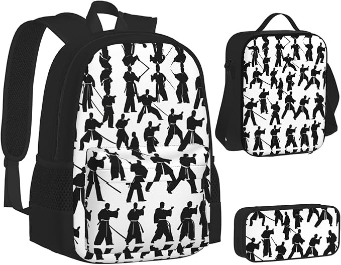 Silhouettes Of Martial Arts Backpack With Lunch Box 3 In 1 Set With Pencil Case Large Capacity Backpack With Chest Strap