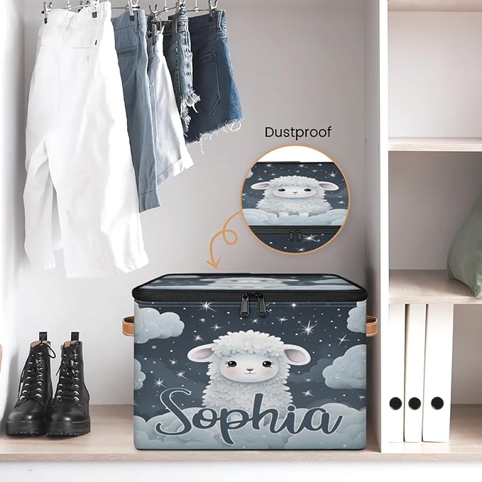 Custom Storage Basket with Name Personalized Storage Bins with Zipper Lid Foldable Fabric Storage Box Large capacity with Handle Cloud Sheep