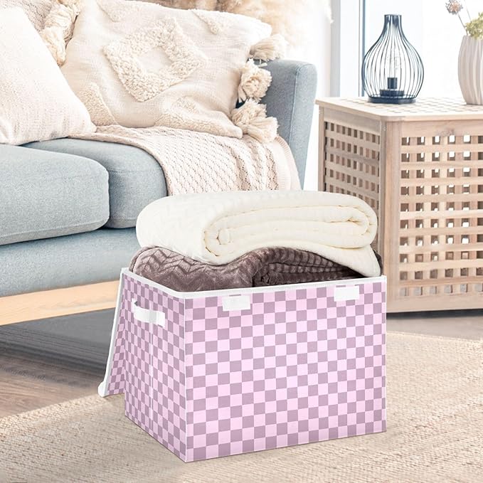 Grey Pink Checkerboard Storage Baskets Lidded Bin Foldable Storage Boxes Cubes Lids with 2 Handles for Organizing Closet Home Office