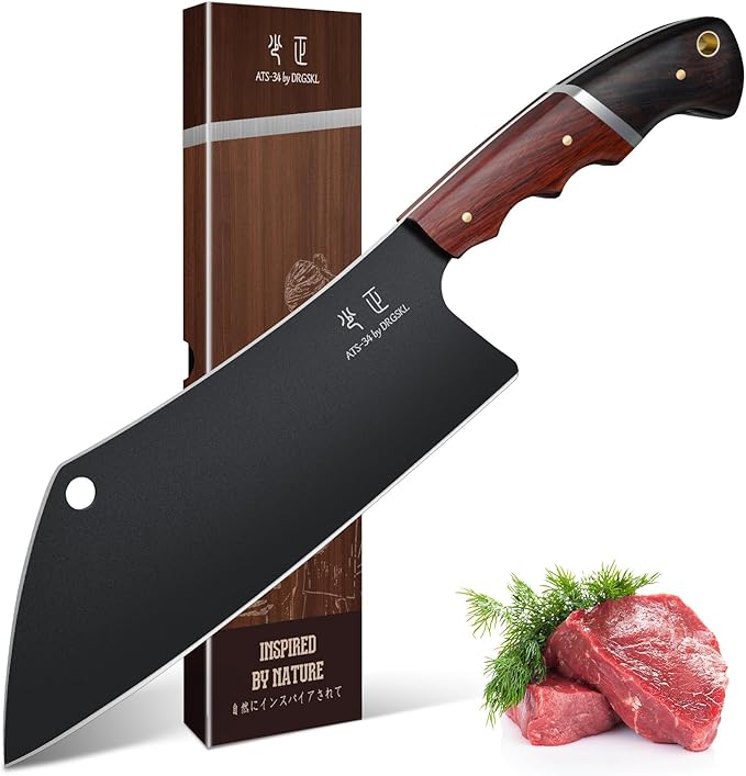 Meat Cleaver Knife 8inch - Black Butcher Knife for Meat Cutting Japanese High Carbon Steel Vegetable Cleaver for Chopping Kitchen Cooking Knife with Wooden Handle Gift for Men