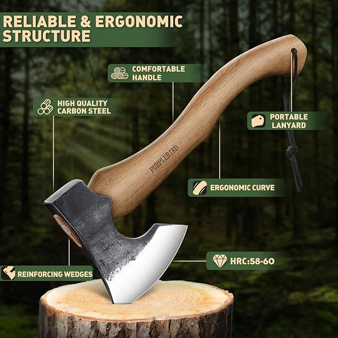 PURPLEBIRD Hatchet Axe with Sheath for Camping 15 Inch Bushcraft Axe Carbon Steel Chopping Axes Wood Handle Splitting Axes Hand-Forged Camping Hatchet for Carving Bushcraft Outdoor Forest Garden