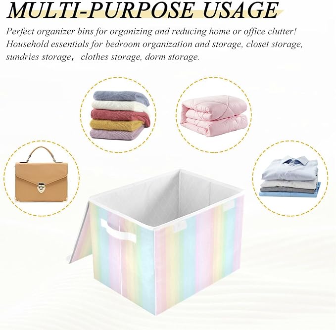 Collapsible Storage Bins with Lids Decorative Fabric Storage Cubes Closet Organizer and Storage Basket Boxes Containers for Clothes Box Chest Folding Rectangle Rainbow Stripes