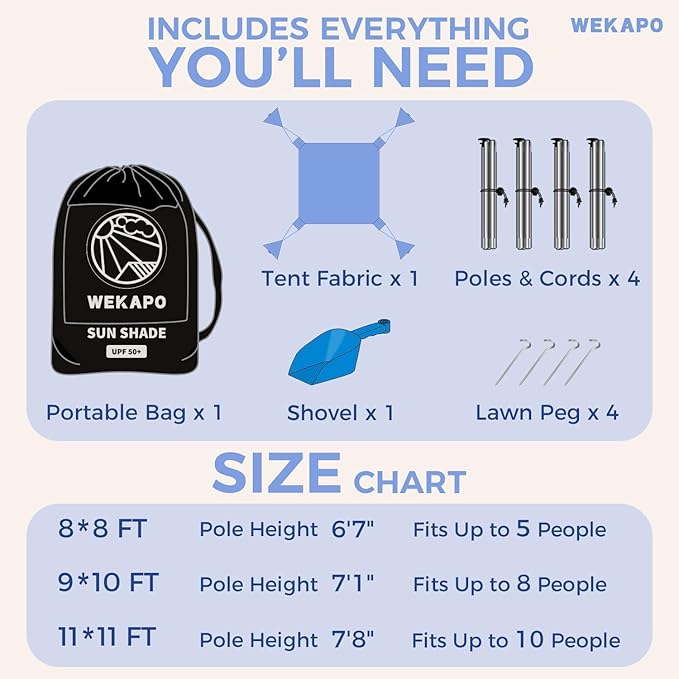 WEKAPO Beach Tent Sun Shelter - Easy Setup Beach Canopy with 4 Sturdy Poles Large Sandbags and Shovel 6'7'' Tall Windproof Sun Shade for Backyard and Camping UPF 50+ Protection