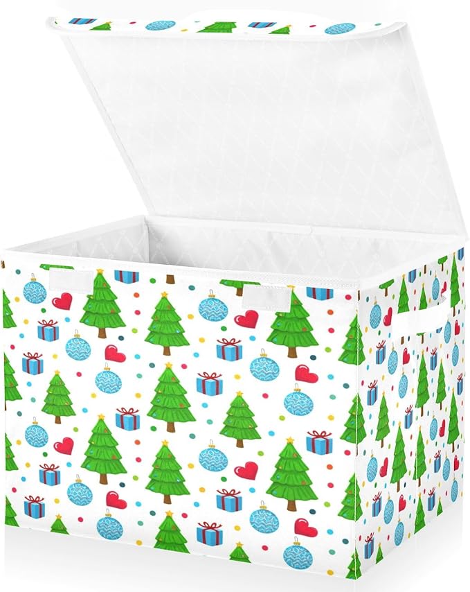 File Organizer Box Decorated Green Trees Storage Bin with Lid Foldable Baskets for Office Document Storage 11.8x12.6 x16.5
