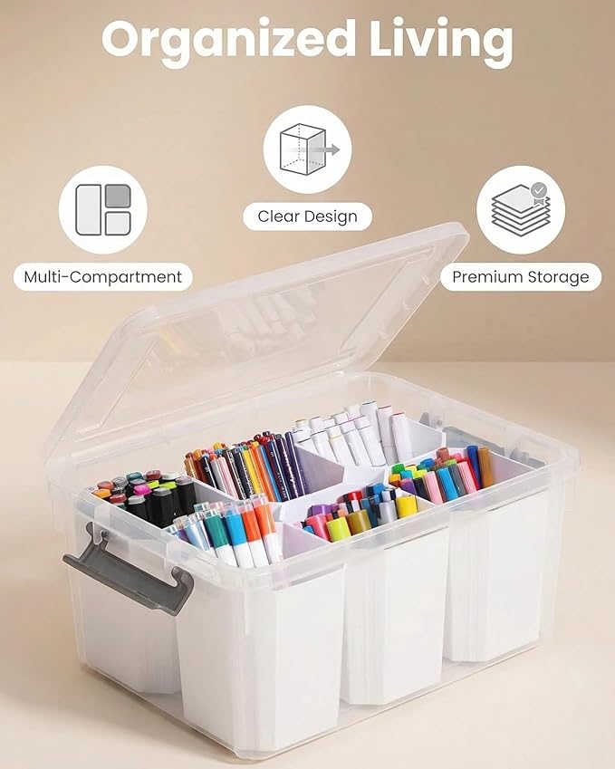 EOENVIVS Clear Plastic Storage Box with Dividers Transparent Organizer Bin with Lid and Handle Multi-Compartment Container for Office Supplies Craft Tools Cables and Accessories
