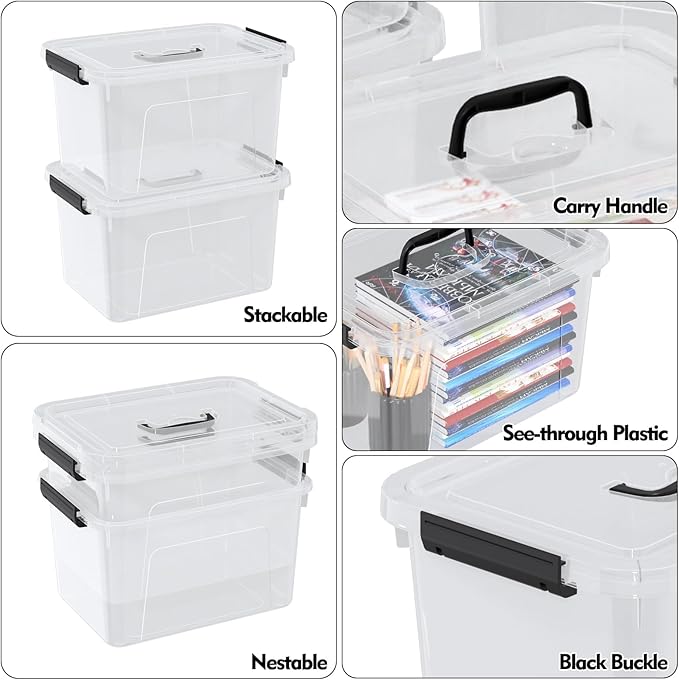 10 Liters Clear Boxes with Handles Plastic Small Storage Tote Bins Set of 6