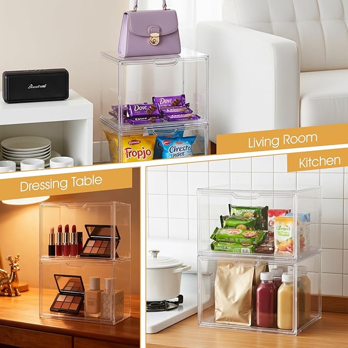 2-Pack 14.2 L x 8.9 W x 10.6 H Clear Acrylic Display Case with Magnetic Lid Stackable Storage Bins for Collectibles Figures Handbags and Shoes Dustproof Organizer Box for Home Office