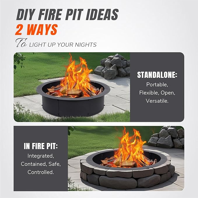 INNOSTAGE 28 Inch Fire Pit Ring (33 Inch Outer) Heavy Duty Steel Fire Ring for Outside Large Round Fire Pit Insert DIY Camping Fire Ring Above or In-Ground Black Carbon for Backyard Patio Bonfire