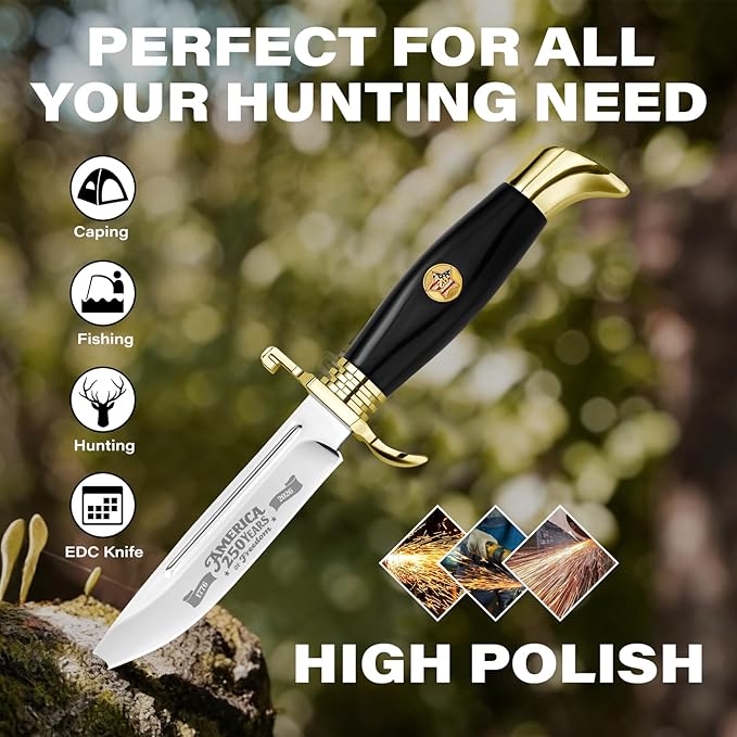 DISPATCH 250th Anniversary Commemorative Fixed Blade Knife 10.2'' Mirror Polished Stainless Steel Full Tang Blade with Dual Fullers Gold-Plated Guard &amp Pommel Resin Handle Composite Leather Sh