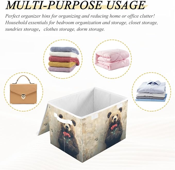 AIXIWAWA Lidded Storage Cube (Bear Valentine) Fabric Foldable Closet Bins with Flip Lid and Handles Organizer Basket Container 16.5 x 12.6 x 11.8 IN