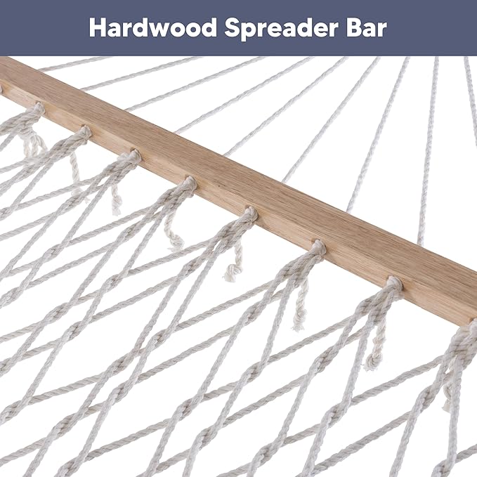 SUNCREAT 2 Person Hammock with Hardwood Spreader Bar Outdoor Rope Hammock with Polyester Pad 475 lbs Capacity Blue Stripes