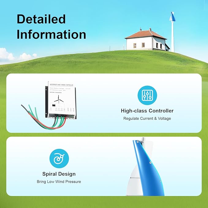 Wind Turbine 100W 42.65ft/s 2 Blades Vertical Axis Wind Turbine Generator Home Windmill Kit Hybrid Wind System with Controller for Home Business Industrial Energy Supply (100W 12V White + Blue)