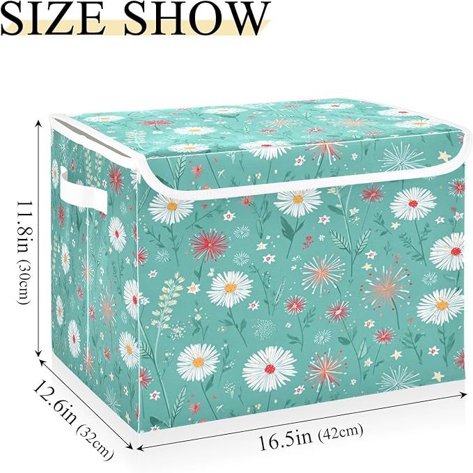 Storage Bins With Lid Stackable Fabric Closet Organizer Clothing Storage Large Boxes For Closet Shelves Bedroom Turquoise Daisy Flower Herb