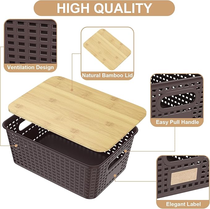 6Pcs Storage Bins with Lids Stackable Plastic Storage Basket with Bamboo Lid Pantry Organizer Box Small Containers for Organizing Shelves Drawer Desktop Closet Cabinet Office Classroom 10x7.1x4.1in