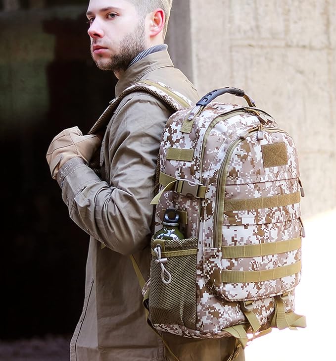 35L Army 3 Days Assault Pack Molle Bag with USB Charging Port Military Tactical Hiking Camping Backpack fit 15.6 Laptop for Men and Women Khaki