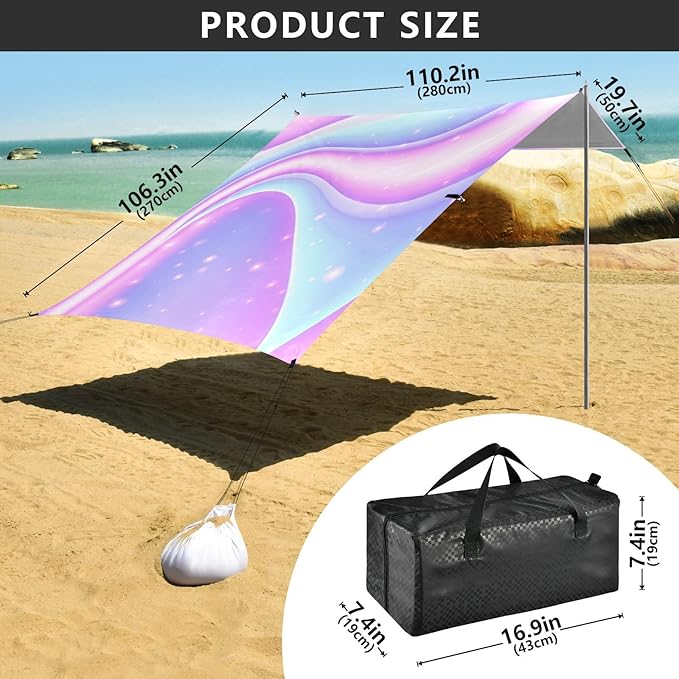 Beach Canopy with Windproof Ropes &amp Sandbags Beach Tent Sun Shade Sun Shelter for Camping Trips Fishing Backyard Fun or Picnics Purple Texture