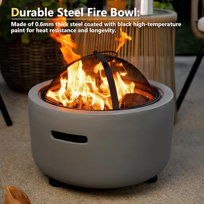 Barton 18 Round Concrete Charcoal Wood Burning Fire Pit Magnesium Oxide Spark Screen Fireplace Poker Grate BBQ Grill Firepit Charcoal Grill