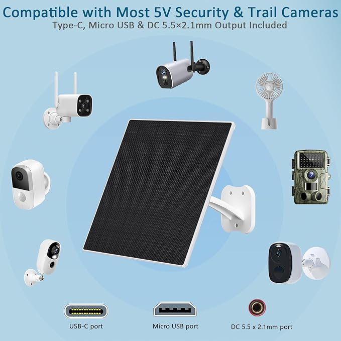 Zivif 8W Solar Panel for Security Cameras Solar Panel Charger Camera with USB-C Cable DC 5.5x2.1mm &amp Micro USB Port IP66 Waterproof with Adjustable Mount 7.2FT Cable