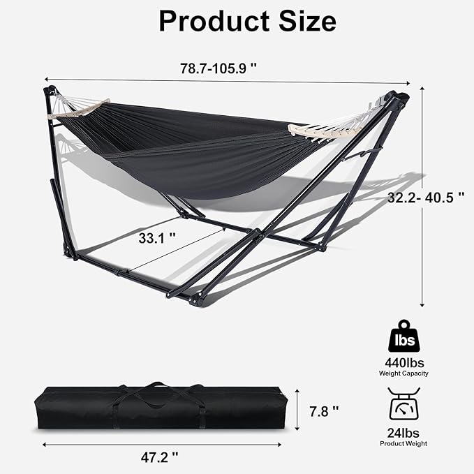 2-in-1 Hammock &amp Swing Chair for Teens – Adjustable Folding Chair with Collapsible Steel Stand Portable for Camping Travel Patio &amp Indoor Use Includes Carrying Case Supports 440 LBS