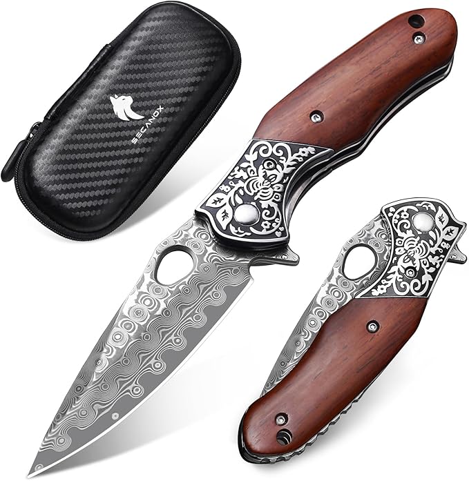 Damascus Pocket Knife for Men Wooden Handle and Sharp Damascus Steel Blade Folding Knives EDC Knifes for Outdoor Camping Hiking Collection