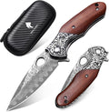 Damascus Pocket Knife for Men Wooden Handle and Sharp Damascus Steel Blade Folding Knives EDC Knifes for Outdoor Camping Hiking Collection