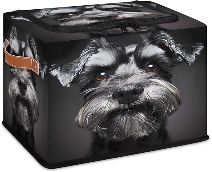 Schnauzer Dog Storage Box with Lid Black Dog Collapsible Storage Bins Baskets Cubes Closet Shelf Clothes Organizer Containers with PU Leather Handles