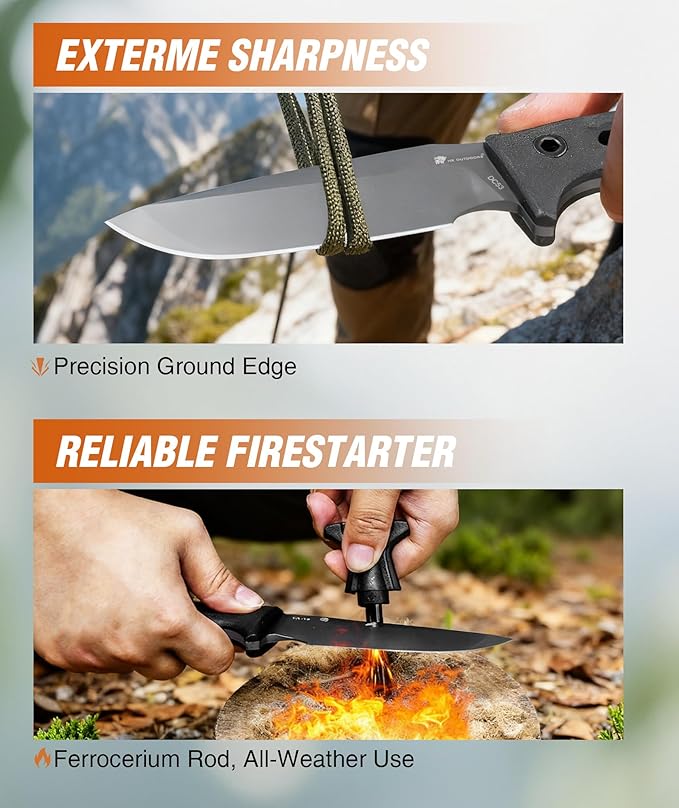 HX OUTDOORS Fixed Blade Camping Knife with Fire Starter Premium DC54 Steel Full Tang Bushcraft Survival Knife with Kydex Sheath for EDCOutdoorCampingHiking
