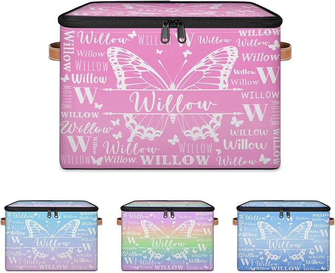 Custom Storage-Box With Name Personalized Butterfly Keepsake Basket with Zipper Lid for Kids Memory Bin Foldable Fabric Large Capacity Containers with Handle