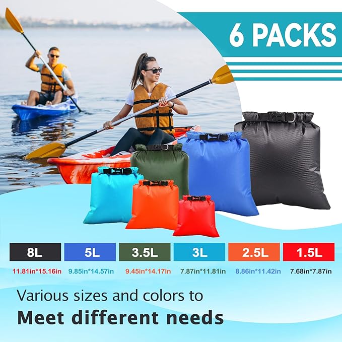 6PCS Dry Bag Waterproof Set – Ultralight Stuff Sacks &amp Waterproof Beach Bags Multi‑Size Camping Gear for Kayaking Boating &amp Travel